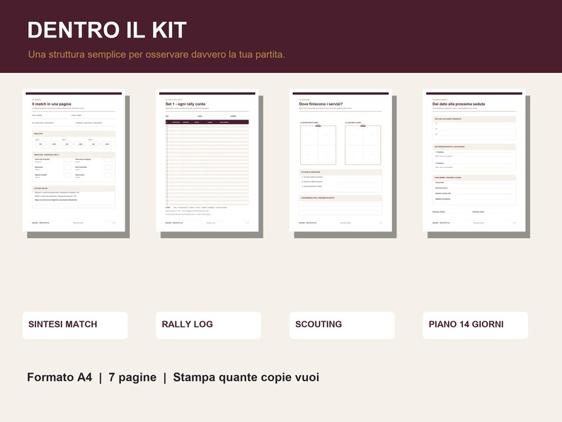 May include: A digital kit featuring four A4 printable pages for sports match analysis. The pages include sections titled SINTESI MATCH, RALLY LOG, SCOUTING, and PIANO 14 GIORNI. The layout uses dark maroon headers and text on a light cream background.