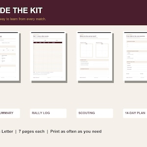 May include: A digital kit featuring four printable pages titled Match Summary, Rally Log, Scouting, and 14-Day Plan. The documents include fields for match details, rally counts, serve locations, and practice planning, available in A4 and US Letter sizes.