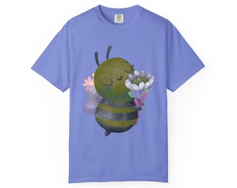Grillig bij-T-shirt, schattig bijenshirt, T-shirt met bloemenprint, milieuvriendelijk, kledingstukgeverfd T-shirt, cadeau voor natuurliefhebbers
