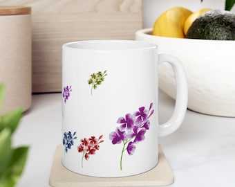 Tazza in ceramica con motivo floreale viola, tazza da caffè botanica, regalo per amanti del giardinaggio.