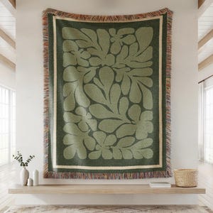 Green Abstract Leaf Sofa Woven Blanket Modern Matisse Inspired Tapestry Minimal Botanical Wall Art Home Decor Nature Picnic Fringed Throw