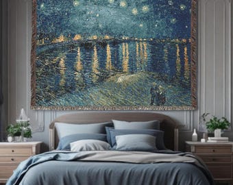 Van Gogh Art Tapestry Luxury cotton Woven Wall Hanging vintage home decor Starry Blue European landscape housewarming gift for art lovers