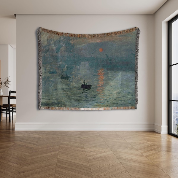 Blue French decor Tapestry Woven Wall Hanging Woven blanket Extra large wall art Luxury boho Monet landscape 100% Cotton European Tapestry