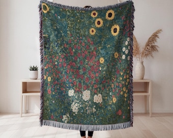 Klimt's Flowers Inspired Woven Blanket Moder Botanical Art Cotton Tapestry Vintage Colorful Floral Fringed Throw Blanket Boho Home Decor