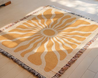 Matisse Inspired Abstract Cut-Out Sunburst Wall Art Modern Minimalist Sofa Cover Throw Home Decor Pink Blue Yellow Sun Fringed Woven Blanket