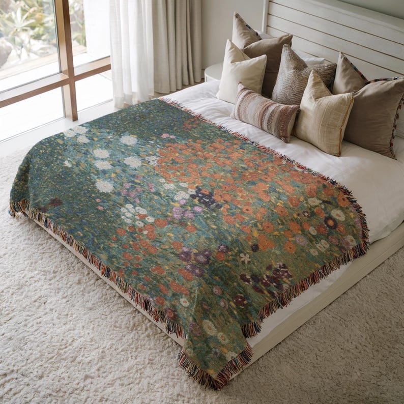 100% Cotton Luxury Boho Klimt's Flowers Inspired Tapestry Vintage Botanical Woven Blanket Nature Floral Wall Hanging Art lovers gift image 10