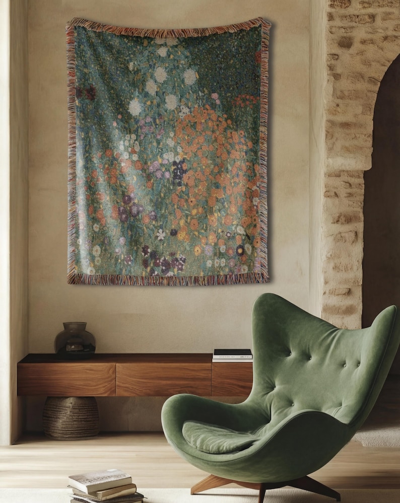 100% Cotton Luxury Boho Klimt's Flowers Inspired Tapestry Vintage Botanical Woven Blanket Nature Floral Wall Hanging Art lovers gift image 6