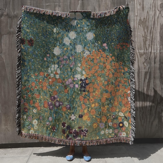 100% Cotton Luxury Boho Klimt's Flowers Inspired Tapestry Vintage Botanical Woven Blanket Nature Floral Wall Hanging Art lovers gift