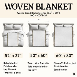 May include: A woven blanket with the text "WOVEN BLANKET" and "Queen Sized Bed reference (60" x 80") 100% COTTON". The image shows three different blanket sizes: 52" x 37", 50" x 60", and 60" x 80".