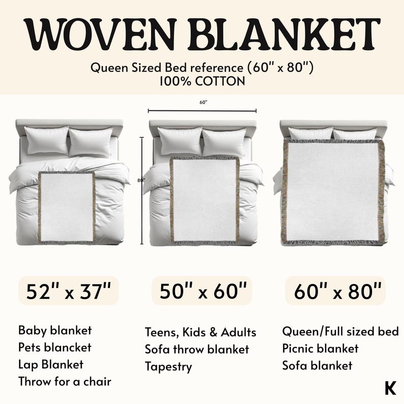 May include: A woven blanket with the text "WOVEN BLANKET" and "Queen Sized Bed reference (60" x 80") 100% COTTON". The image shows three different blanket sizes: 52" x 37", 50" x 60", and 60" x 80".