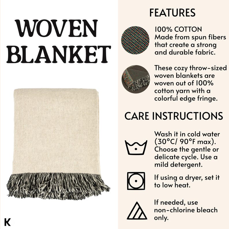 May include: A folded woven blanket with a cream-colored body and a black and gray fringe. The blanket is made of 100% cotton and is throw-sized. The image also includes text that says "WOVEN BLANKET".