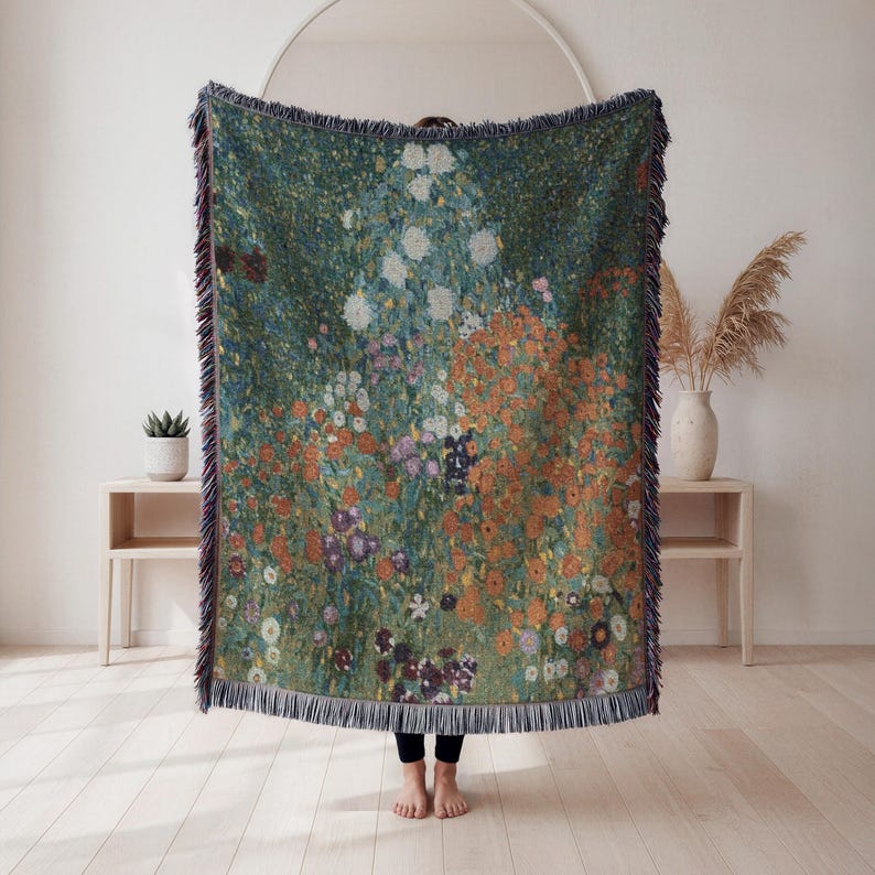 100% Cotton Luxury Boho Klimt's Flowers Inspired Tapestry Vintage Botanical Woven Blanket Nature Floral Wall Hanging Art lovers gift image 9