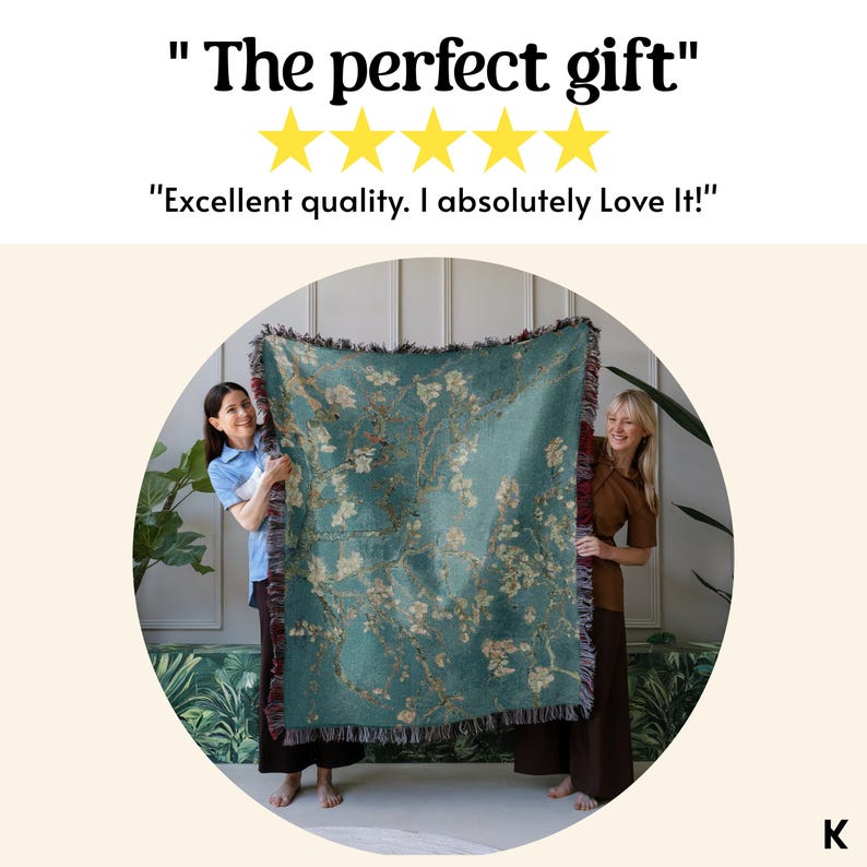 May include: A teal throw blanket featuring a floral design, held by two people. The blanket has a fringed edge and a pattern of white and beige flowers. Text above reads "The perfect gift" and "Excellent quality. I absolutely Love It!"