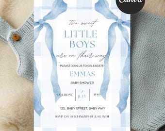 Twin Boys Baby Shower Invitation • Blue Gingham, Watercolor (Instant Download) Editable in canva