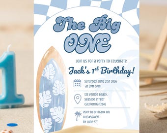1st birthday invitation,  Surf Birthday Invitation, Beach Party Invite, ANYAGE (Digital Download)