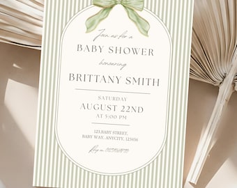 Sage Green stripe Baby Shower Invitation, Editable Canva Template, Minimalist bow Baby Shower Invite, Gender Neutral, Digital Download