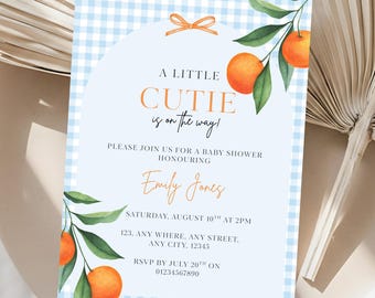 Little Cutie Baby Shower Invitation, Citrus Orange, Blue Gingham Bow (Digital Template)