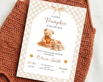 Pumpkin Baby Shower Invitation, Fall Baby Shower Invite, Little Pumpkin Baby Shower, Editable Canva Template, Autumn Baby Shower