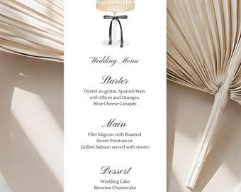 Wedding Menu Template, Modern Reception Card, minimalist, black bow (Instant Download)