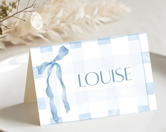 Editable Baby Shower Place Cards, Blue Gingham Bow Template (Digital Download)