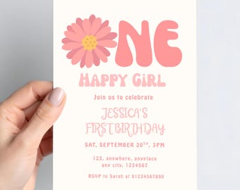 1st Birthday Invitation Girl, Pink Flower Birthday Invite, First Birthday Party, Editable Canva Template, Floral Birthday Invitation