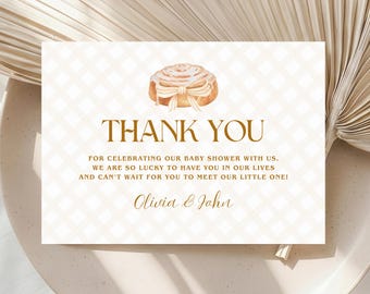 Bun in the Oven Baby Shower Thank You Insert, Bakery Baby Shower Thank You Card, Cinnamon Roll Gingham, Editable Canva Template
