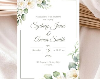 Sage Green Wedding Invitation template, Botanical Floral Wedding Invite, White rose Editable Canva Template