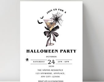 Halloween Party Invitation, Spooky Cocktail Party Invite, Black Bow Halloween Invitation