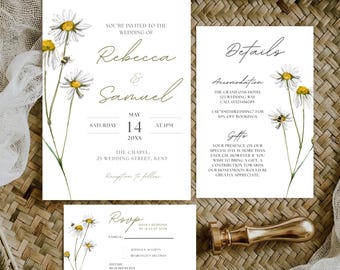 Editable Daisy Wedding Invitation Suite, Hand-Painted Wildflower Floral Set (Digital Download)