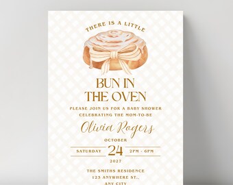 Bun in the Oven Baby Shower Invitation, Cinnamon Roll Baby Shower Invite, Bakery Baby Shower, Gingham Bow Editable Canva Template