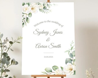 Sage Green Botanical Wedding Welcome Sign, Floral Typography, green and white (Editable Template)