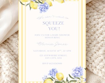 Lemon Hydrangea Baby Shower Invitation, Squeeze You Invite (Digital Download)