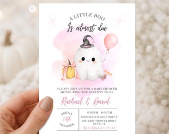 A Little Boo Is Almost Due Baby Shower Invitation, Halloween Baby Shower Invite, Pink Ghost Baby Shower, Editable Canva Template, BOO