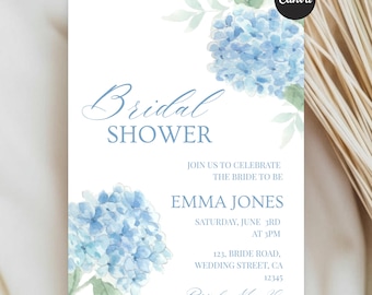 Blue Bridal Shower Invitation Template, Hydrangea  Editable Floral Canva Invite (Digital Download)