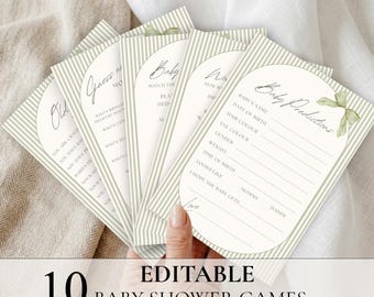 Editable Baby Shower Games Bundle, 10 Baby Shower Games, Canva Baby Shower Games, Printable Baby Shower Activities, Sage Green Baby Shower