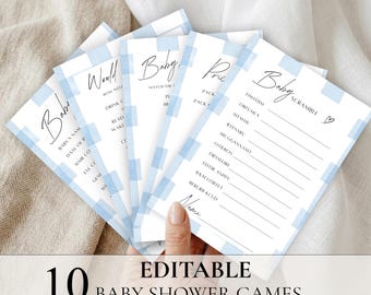 Blue Gingham Baby Shower Games bundle, Editable Canva Printable Bundle BS01