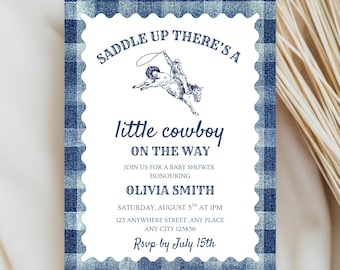 Little Cowboy Baby Shower Invitation Template, Western Gingham Invite (Digital Download)