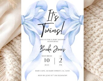 Twin Baby Shower Invitation Boy, Twin Boys Baby Shower Invite, Blue bow Editable Canva Template