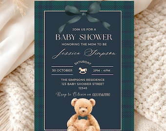 Preppy Teddy Bear Baby Shower Invitation, Old Money Baby Boy Invite, Blue Tartan Heritage Shower, Editable Canva Template