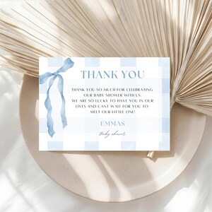 Niebieska kartka z podziękowaniami na baby shower w kratkę | Wstążka akwarelowa (edytowalny szablon Canva) BS01 zdjęcie 6