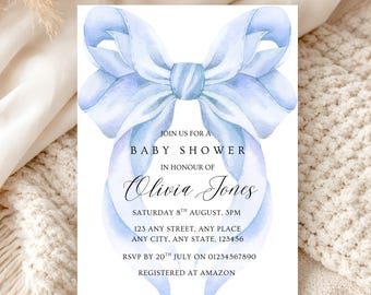 Blue Bow Baby Shower Invitation Template, Editable baby boy Shower Invite, Watercolor Bow Baby Shower, Printable Baby Shower Invitation