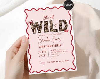 21st Birthday Invitation Template | Let’s Get Wild Birthday Invite | Leopard Disco 21st Party | Editable Canva Invitation