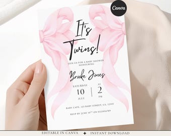 Twin Baby Shower Invite, editable canva template, Twins Baby Shower Invite,  Pink Bow Baby Shower, Printable Invite, Twin baby girls