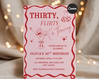 30th Birthday Invitation Template, Dirty Thirty Invite,Thirty Flirty and Thriving, Pink Retro Birthday, Editable Canva, Instant Download