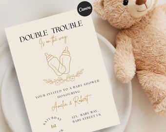 Twin Baby Shower Invitation: Double Trouble Design, Neutral Colors, boy girl baby shower  (Digital Download, Canva Template)