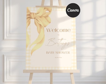 Yellow Gingham Baby Shower Welcome Sign, Bow Decor (Editable Canva Template, Instant Download)