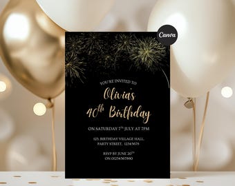40th Birthday Invite Template, Black Gold Birthday Invite, Editable Canva Invitation, Milestone Birthday Party Invite