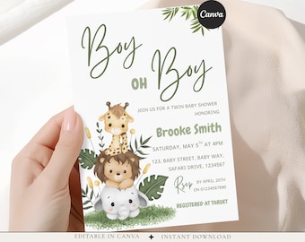 Safari-Babypartyeinladung, Zwillings-Babypartyeinladung, Boy Oh Boy Zwillingseinladung, bearbeitbare Canva-Vorlage, Dschungel-Babyparty