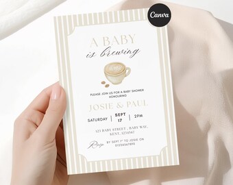 A Baby Is Brewing Baby Shower Invitation | Coffee Theme Baby Shower Invite | Neutral Latte Baby Shower | Editable Canva Template