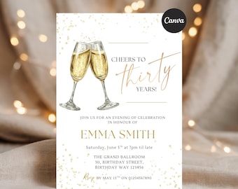 30th Birthday Invitation Template Editable Canva, Champagne Gold Invite, Elegant 30th Party Invite, Printable invitation, Instant Download